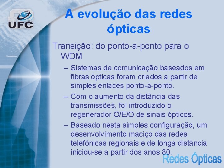 A evolução das redes ópticas Transição: do ponto-a-ponto para o WDM – Sistemas de