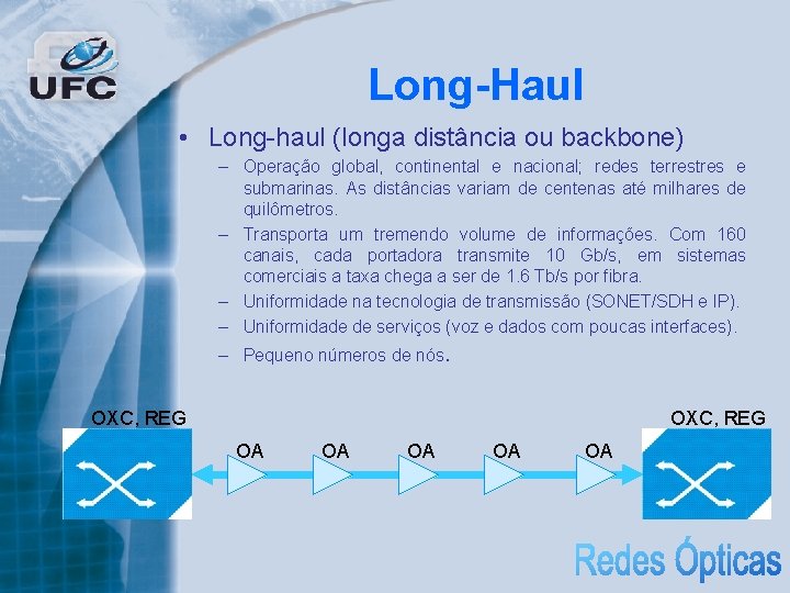 Long-Haul • Long-haul (longa distância ou backbone) – Operação global, continental e nacional; redes