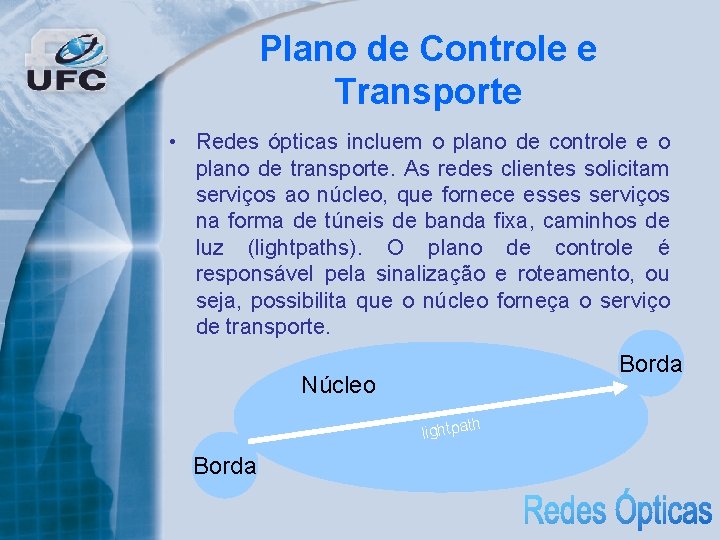 Plano de Controle e Transporte • Redes ópticas incluem o plano de controle e