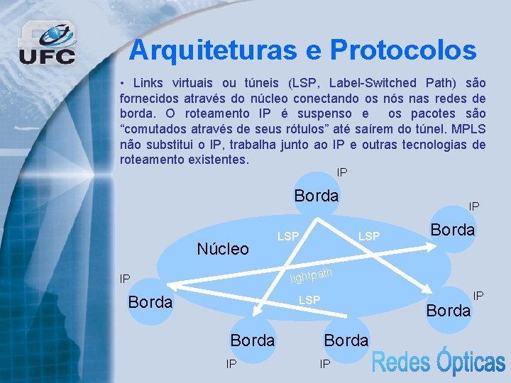 Arquiteturas e Protocolos • Links virtuais ou túneis (LSP, Label-Switched Path) são fornecidos através