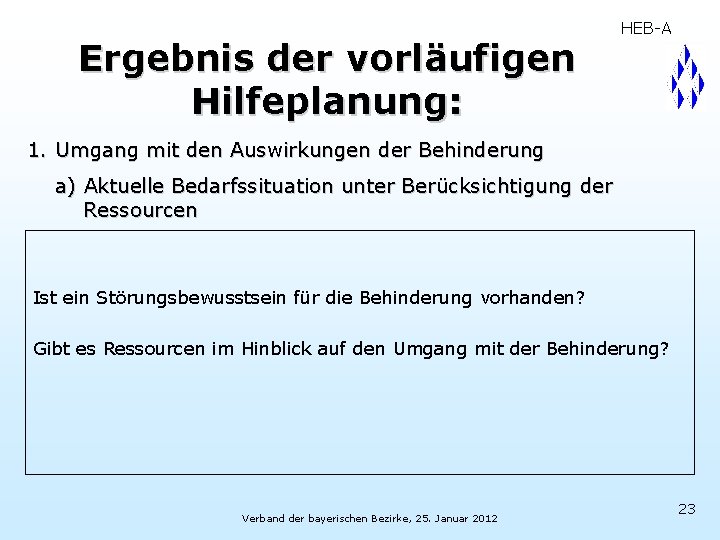 Ergebnis der vorläufigen Hilfeplanung: HEB-A 1. Umgang mit den Auswirkungen der Behinderung a) Aktuelle