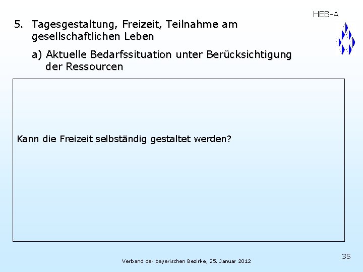 5. Tagesgestaltung, Freizeit, Teilnahme am gesellschaftlichen Leben HEB-A a) Aktuelle Bedarfssituation unter Berücksichtigung der