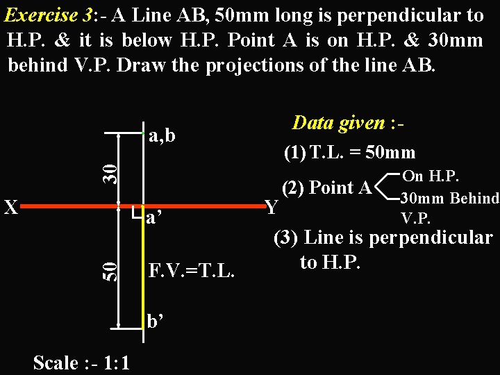 Exercise 3: - A Line AB, 50 mm long is perpendicular to H. P.
