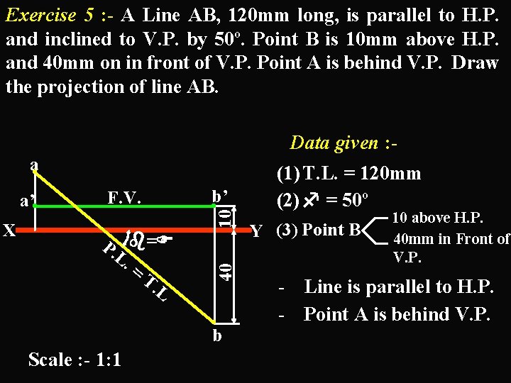 Exercise 5 : - A Line AB, 120 mm long, is parallel to H.