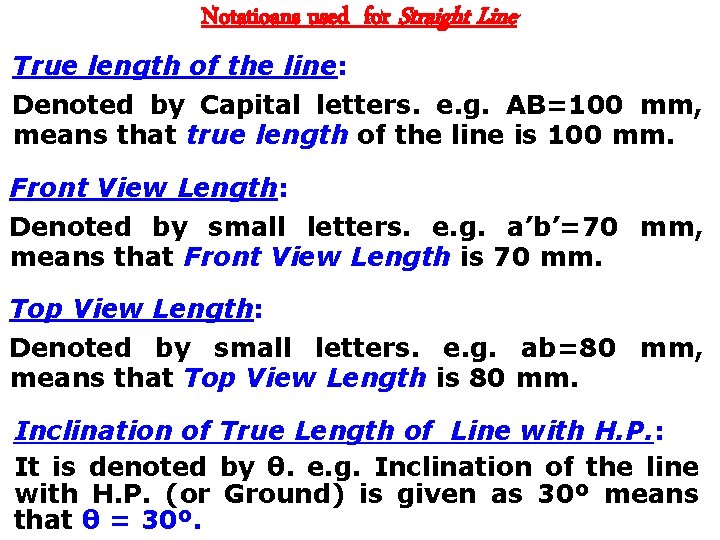Notatioans used for Straight Line True length of the line: Denoted by Capital letters.