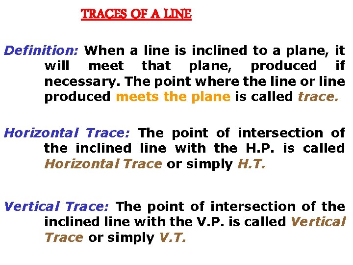 TRACES OF A LINE Definition: When a line is inclined to a plane, it