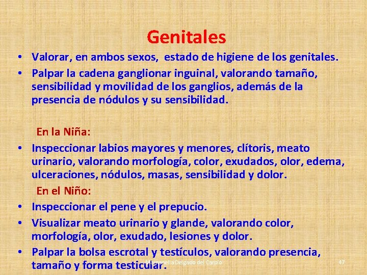 Genitales • Valorar, en ambos sexos, estado de higiene de los genitales. • Palpar Genitales • Valorar, en ambos sexos, estado de higiene de los genitales. • Palpar
