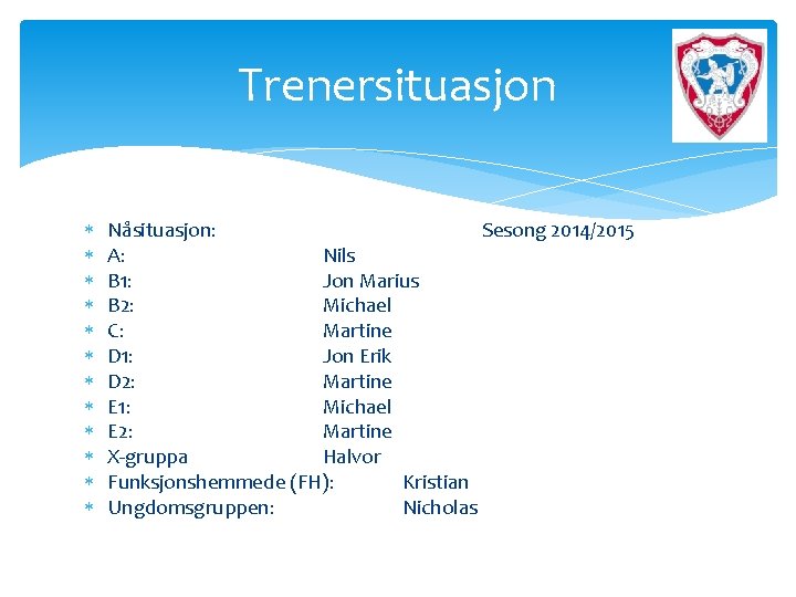 Trenersituasjon Nåsituasjon: Sesong 2014/2015 A: Nils B 1: Jon Marius B 2: Michael C: