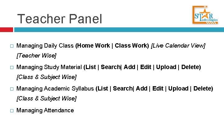 Teacher Panel � Managing Daily Class (Home Work | Class Work) [Live Calendar View]