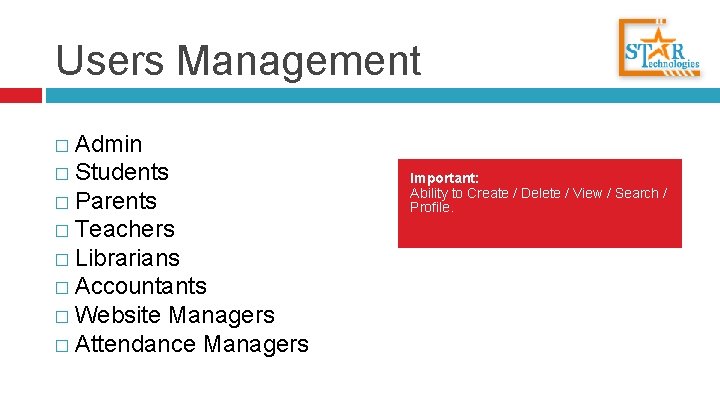 Users Management � Admin � Students � Parents � Teachers � Librarians � Accountants