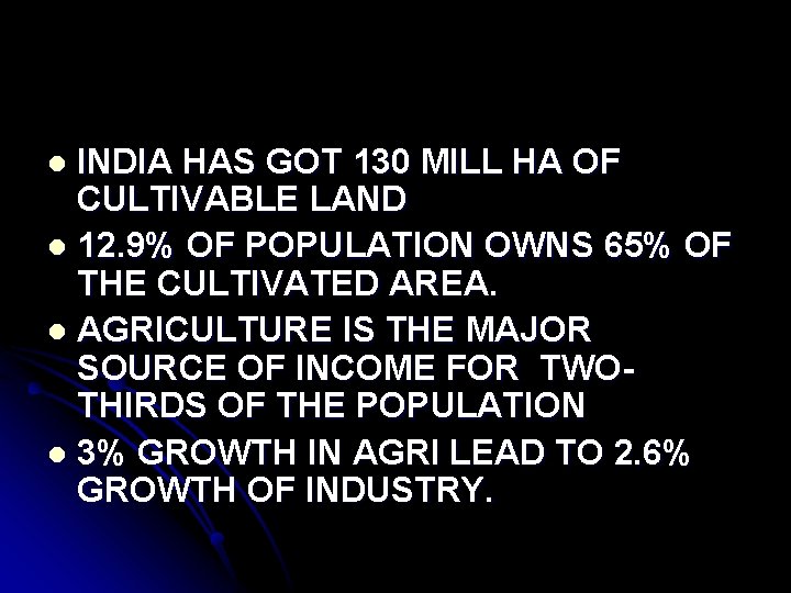 INDIA HAS GOT 130 MILL HA OF CULTIVABLE LAND l 12. 9% OF POPULATION