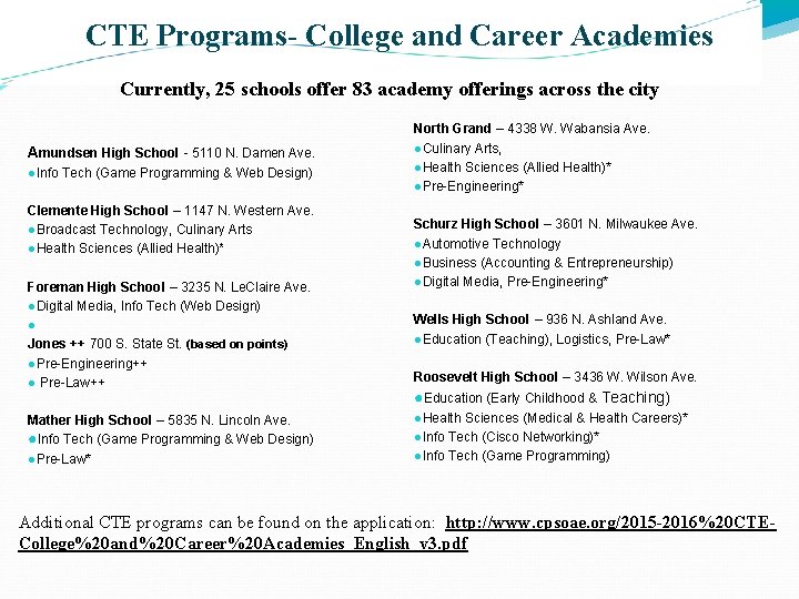 CTE Programs- College and Career Academies Currently, 25 schools offer 83 academy offerings across CTE Programs- College and Career Academies Currently, 25 schools offer 83 academy offerings across