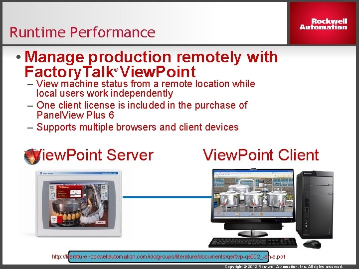 Runtime Performance • Manage production remotely with Factory. Talk View. Point ® – View