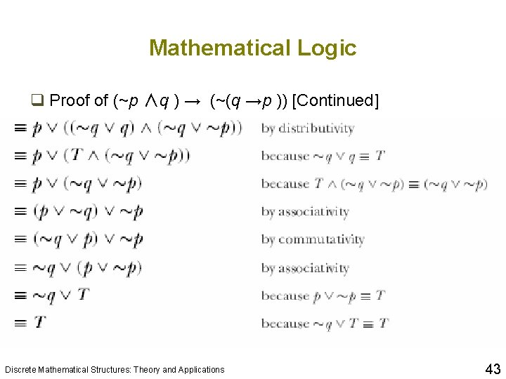 Mathematical Logic q Proof of (~p ∧q ) → (~(q →p )) [Continued] Discrete