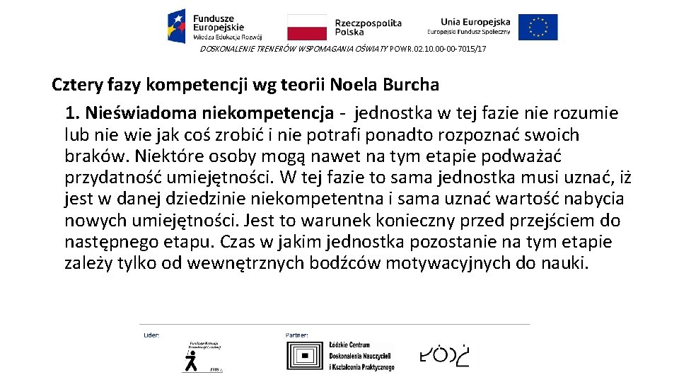 DOSKONALENIE TRENERÓW WSPOMAGANIA OŚWIATY POWR. 02. 10. 00 -00 -7015/17 Cztery fazy kompetencji wg