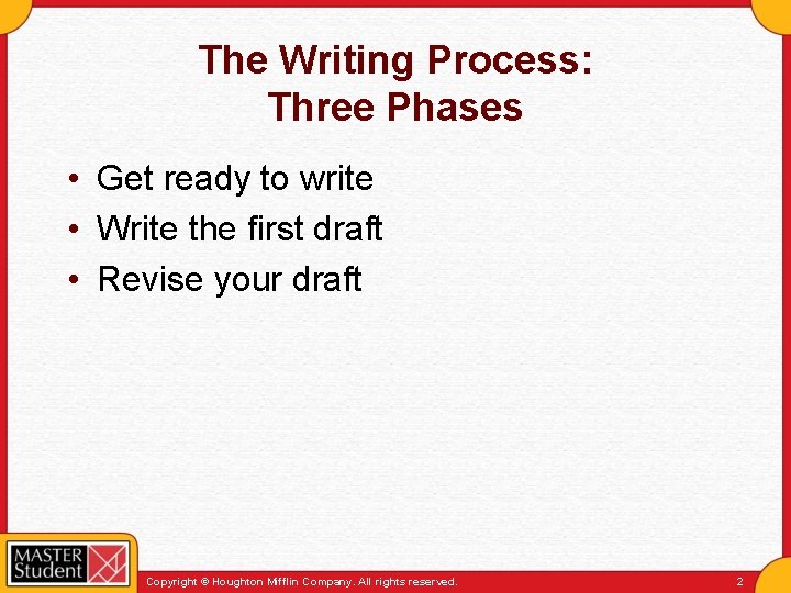 The Writing Process: Three Phases • Get ready to write • Write the first