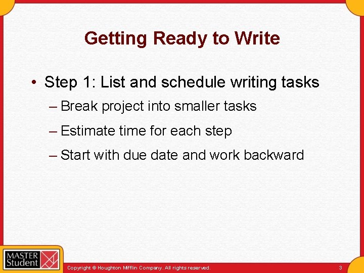Getting Ready to Write • Step 1: List and schedule writing tasks – Break