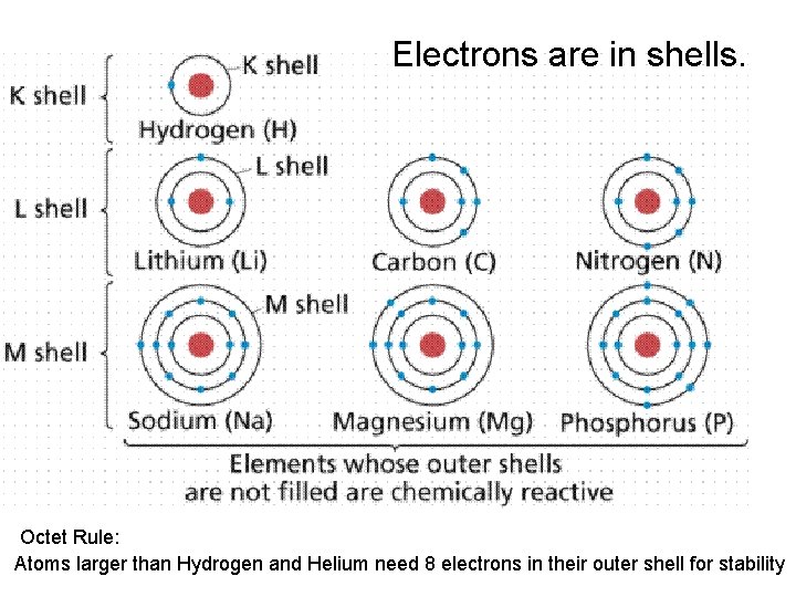 Electrons are in shells. Octet Rule: Atoms larger than Hydrogen and Helium need 8