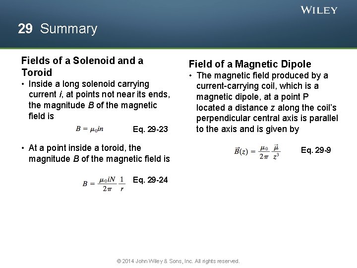 29 Summary Fields of a Solenoid and a Toroid • Inside a long solenoid