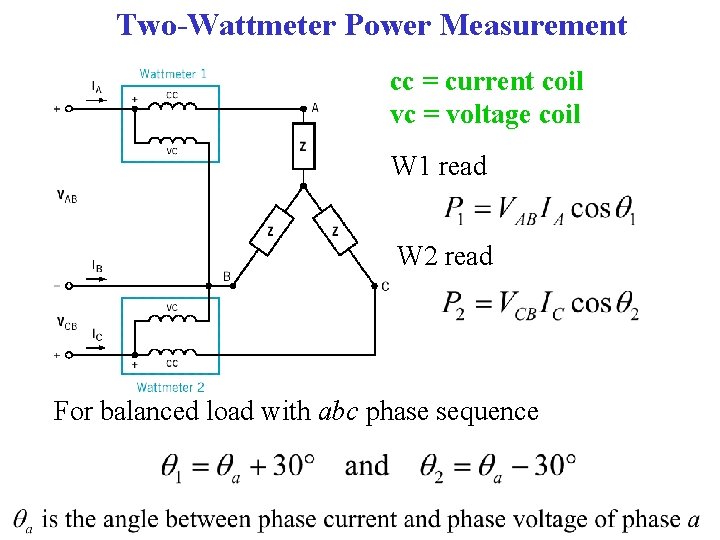 Two-Wattmeter Power Measurement cc = current coil vc = voltage coil W 1 read