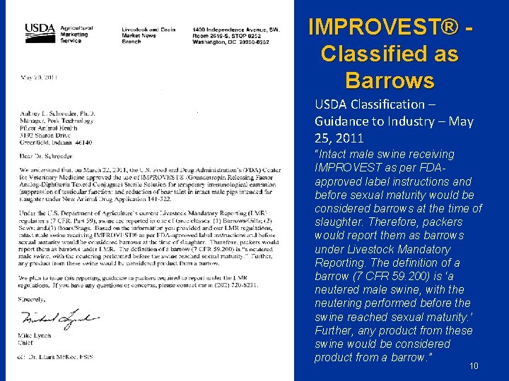 IMPROVEST® Classified as Barrows USDA Classification – Guidance to Industry – May 25, 2011