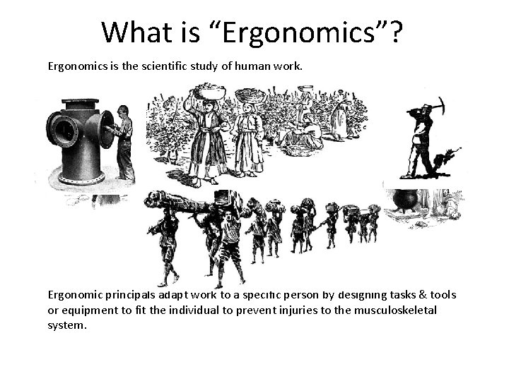 What is “Ergonomics”? Ergonomics is the scientific study of human work. Ergonomic principals adapt
