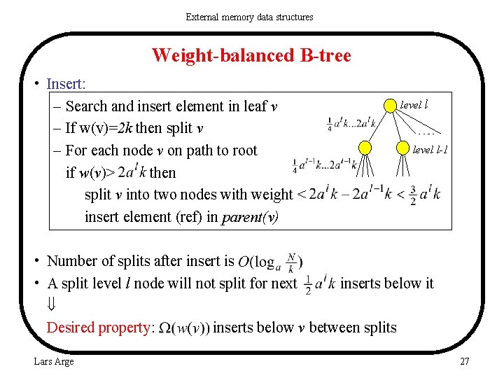 External memory data structures Weight-balanced B-tree • Insert: – Search and insert element in