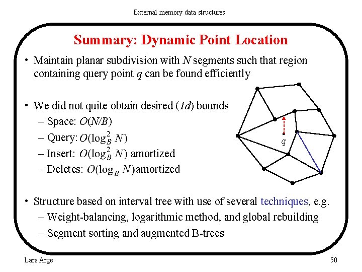 External memory data structures Summary: Dynamic Point Location • Maintain planar subdivision with N