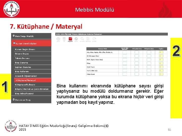 Mebbis Modülü 7. Kütüphane / Materyal 2 1 Bina kullanımı ekranında kütüphane sayısı girişi