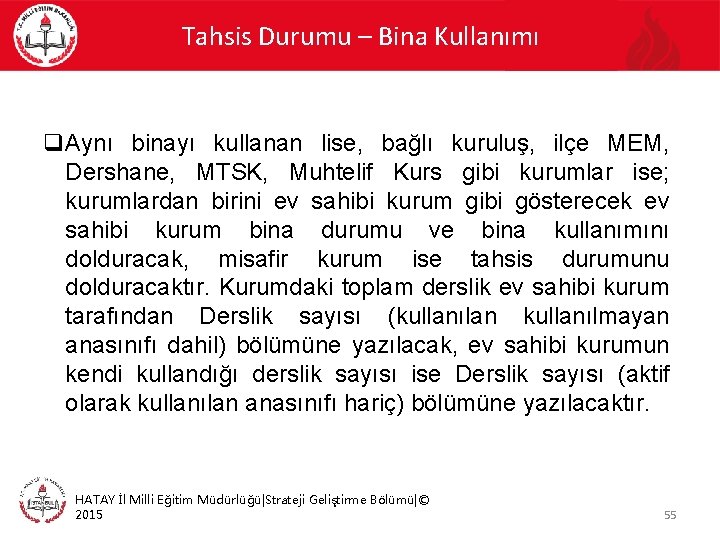 Tahsis Durumu – Bina Kullanımı q. Aynı binayı kullanan lise, bağlı kuruluş, ilçe MEM,