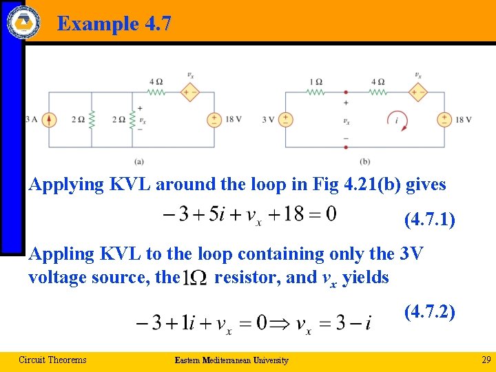 Example 4. 7 Applying KVL around the loop in Fig 4. 21(b) gives (4.