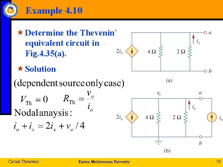 Example 4. 10 « Determine the Thevenin’s equivalent circuit in Fig. 4. 35(a). «