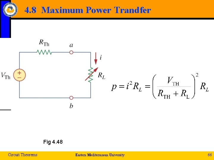 4. 8 Maximum Power Trandfer Fig 4. 48 Circuit Theorems Eastern Mediterranean University 66