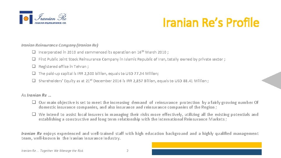 Iranian Re’s Profile Iranian Reinsurance Company (Iranian Re) q Incorporated in 2010 and commenced