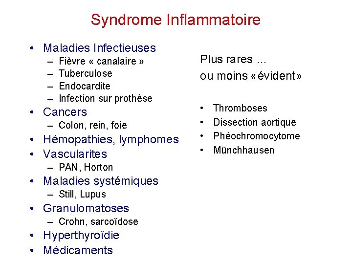 Syndrome Inflammatoire • Maladies Infectieuses – – Fièvre « canalaire » Tuberculose Endocardite Infection