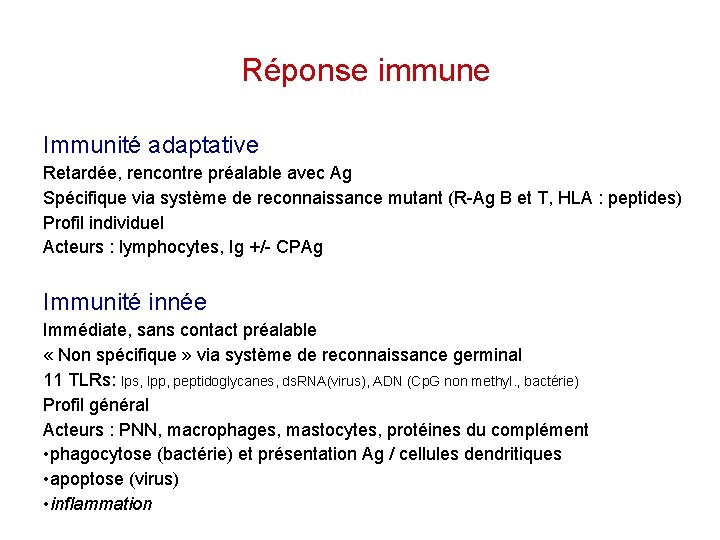 Réponse immune Immunité adaptative Retardée, rencontre préalable avec Ag Spécifique via système de reconnaissance
