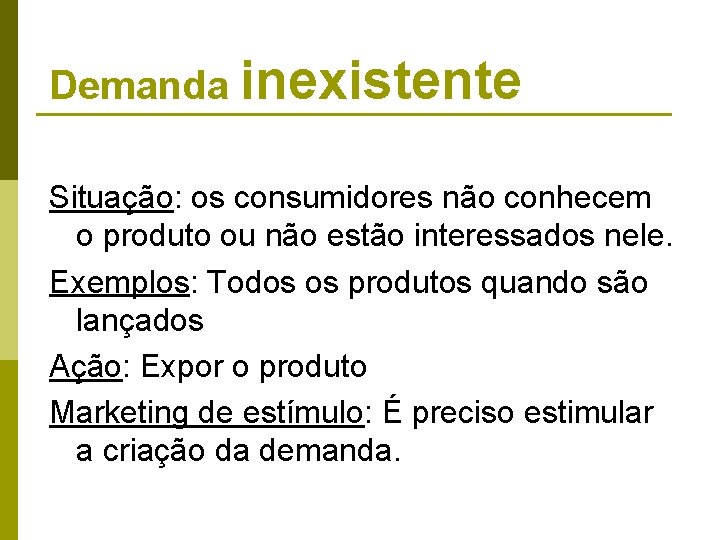 Demanda inexistente Situação: os consumidores não conhecem o produto ou não estão interessados nele. Demanda inexistente Situação: os consumidores não conhecem o produto ou não estão interessados nele.