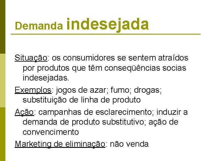 Demanda indesejada Situação: os consumidores se sentem atraídos por produtos que têm conseqüências socias Demanda indesejada Situação: os consumidores se sentem atraídos por produtos que têm conseqüências socias