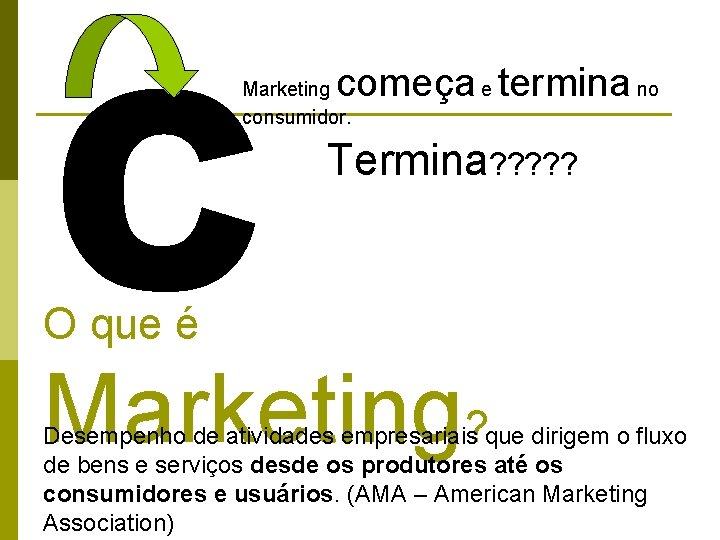 C começa e termina no Marketing consumidor. Termina? ? ? O que é Marketing? C começa e termina no Marketing consumidor. Termina? ? ? O que é Marketing?