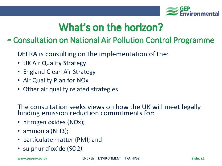 What’s on the horizon? - Consultation on National Air Pollution Control Programme DEFRA is