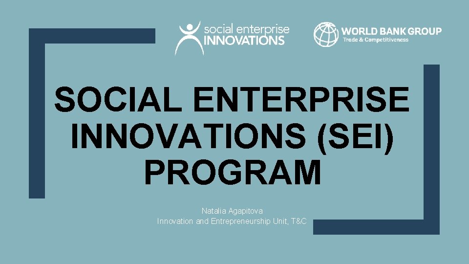 SOCIAL ENTERPRISE INNOVATIONS (SEI) PROGRAM Natalia Agapitova Innovation and Entrepreneurship Unit, T&C 