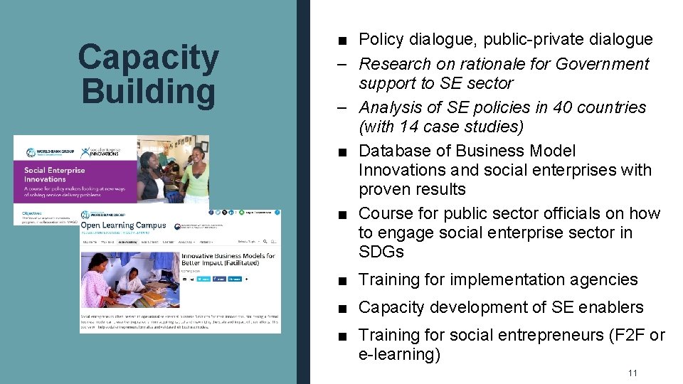 Capacity Building ■ Policy dialogue, public-private dialogue – Research on rationale for Government support