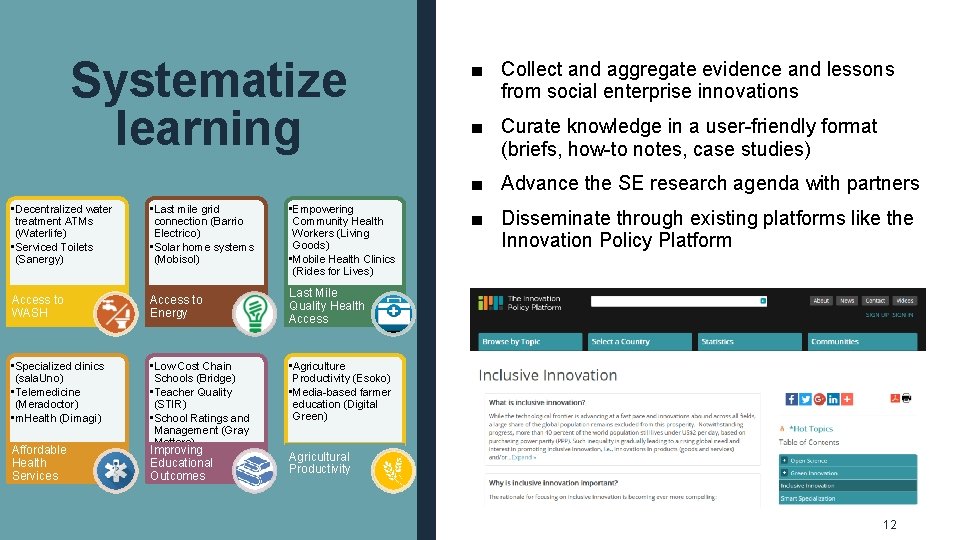 Systematize learning ■ Collect and aggregate evidence and lessons from social enterprise innovations ■