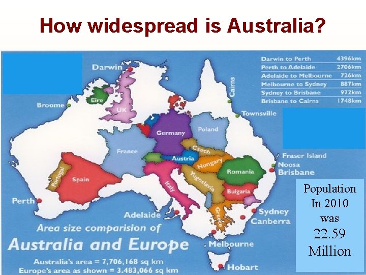 How widespread is Australia? Population In 2010 was 22. 59 Million 