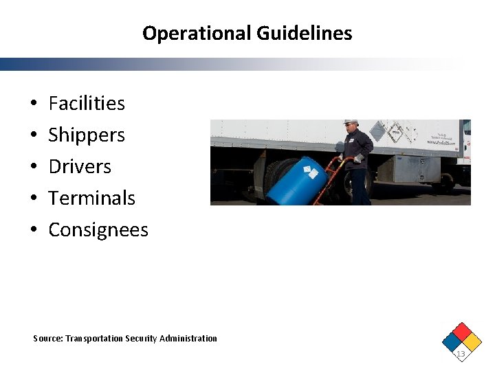 Operational Guidelines • • • Facilities Shippers Drivers Terminals Consignees Source: Transportation Security Administration Operational Guidelines • • • Facilities Shippers Drivers Terminals Consignees Source: Transportation Security Administration
