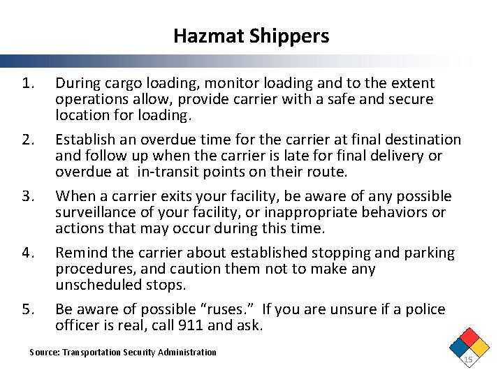 Hazmat Shippers 1. 2. 3. 4. 5. During cargo loading, monitor loading and to Hazmat Shippers 1. 2. 3. 4. 5. During cargo loading, monitor loading and to