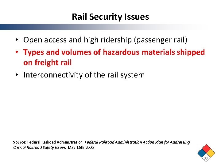 Rail Security Issues • Open access and high ridership (passenger rail) • Types and Rail Security Issues • Open access and high ridership (passenger rail) • Types and