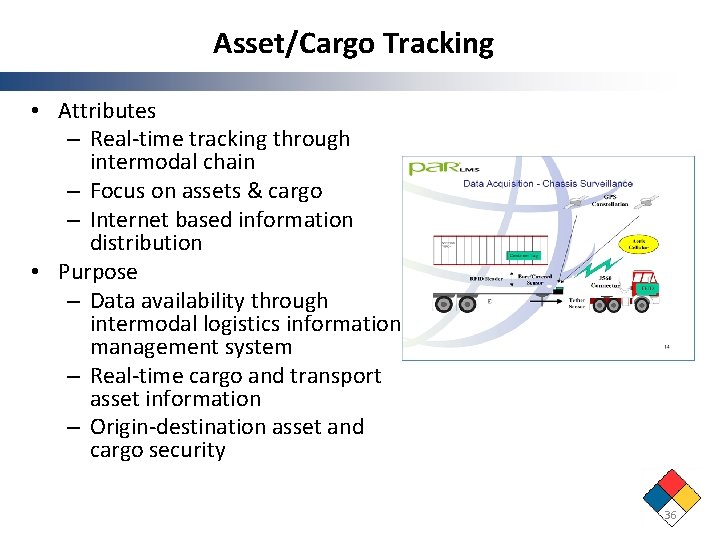 Asset/Cargo Tracking • Attributes – Real‐time tracking through intermodal chain – Focus on assets Asset/Cargo Tracking • Attributes – Real‐time tracking through intermodal chain – Focus on assets