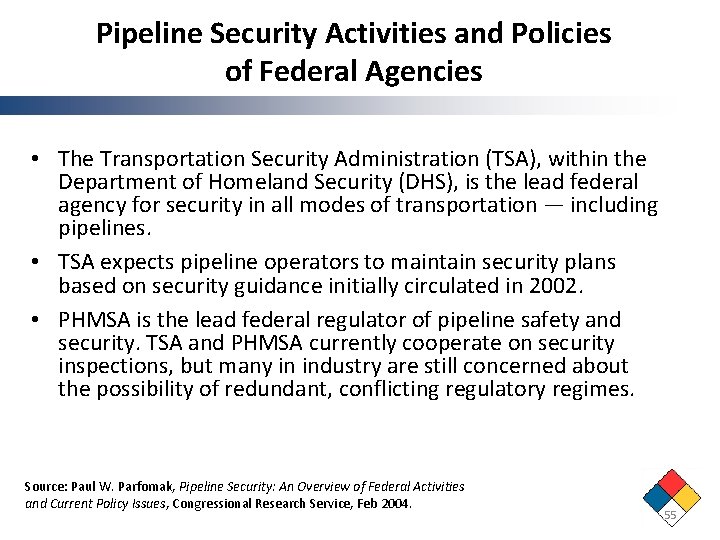 Pipeline Security Activities and Policies of Federal Agencies • The Transportation Security Administration (TSA), Pipeline Security Activities and Policies of Federal Agencies • The Transportation Security Administration (TSA),