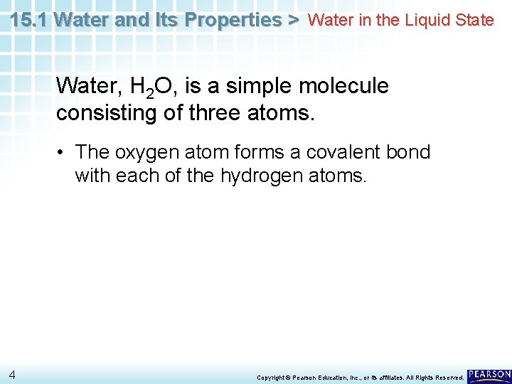 15. 1 Water and Its Properties > Water in the Liquid State Water, H 15. 1 Water and Its Properties > Water in the Liquid State Water, H